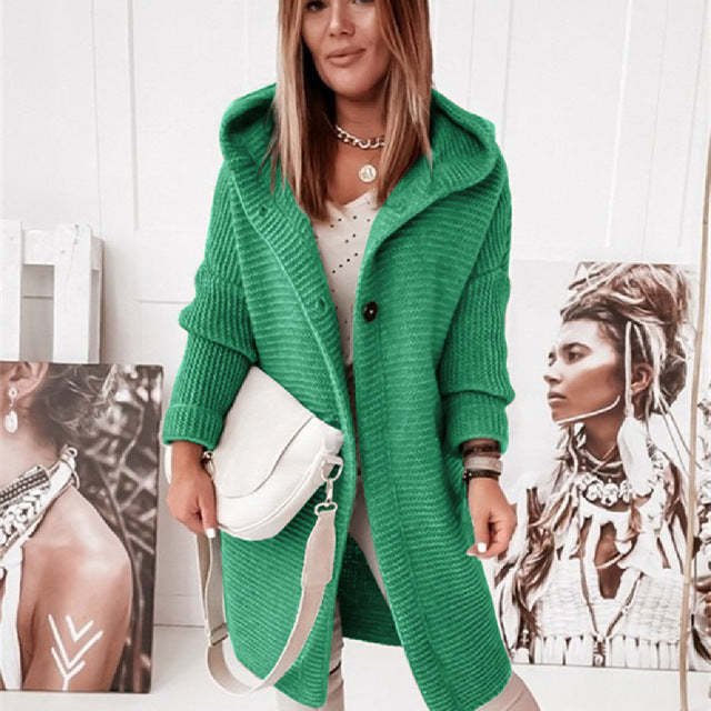 Knitted Hoodie Cardigan with Buttons - Warm Winter Long-Sleeve Sweater Coat
