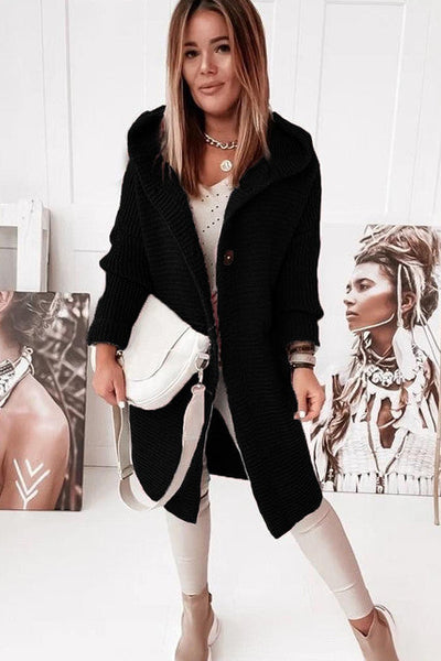 Knitted Hoodie Cardigan with Buttons - Warm Winter Long-Sleeve Sweater Coat