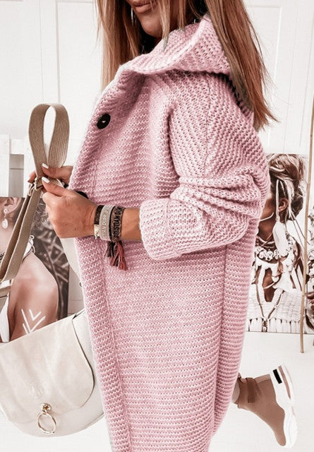 Knitted Hoodie Cardigan with Buttons - Warm Winter Long-Sleeve Sweater Coat