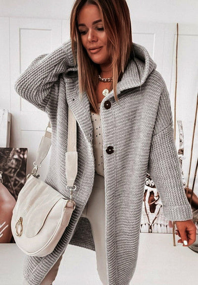 Knitted Hoodie Cardigan with Buttons - Warm Winter Long-Sleeve Sweater Coat