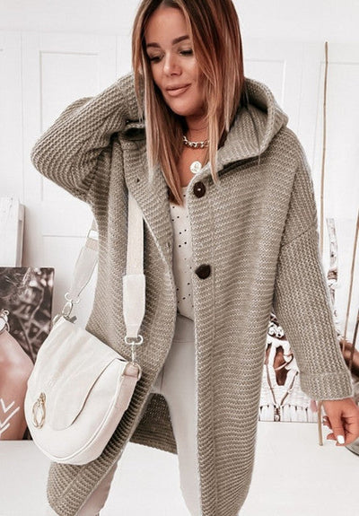 Knitted Hoodie Cardigan with Buttons - Warm Winter Long-Sleeve Sweater Coat