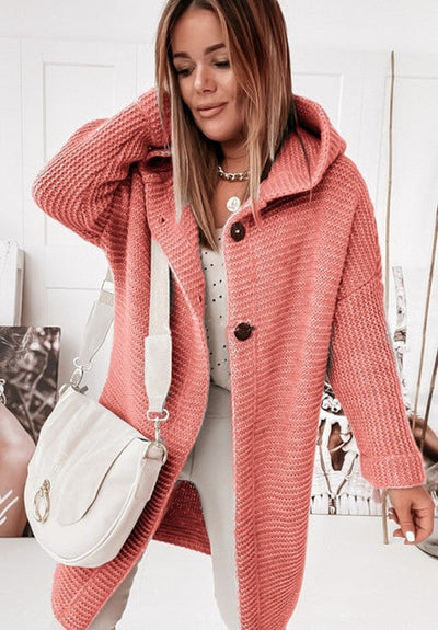 Knitted Hoodie Cardigan with Buttons - Warm Winter Long-Sleeve Sweater Coat
