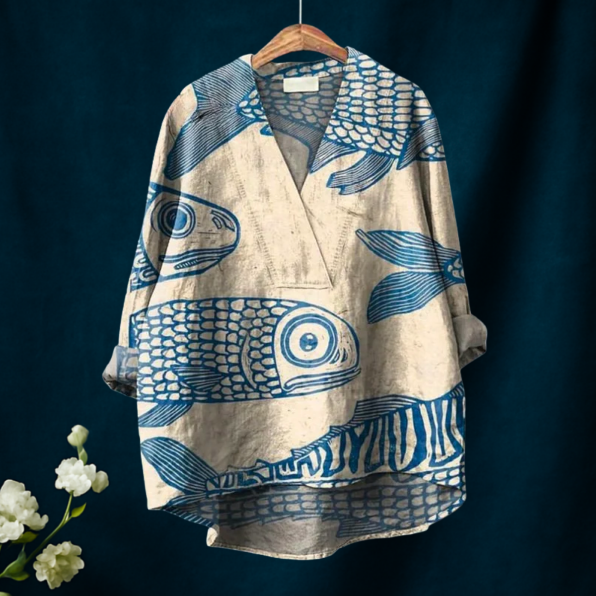 Women's Blue Minimalist Line Fish Print Casual  V-neck Shirt