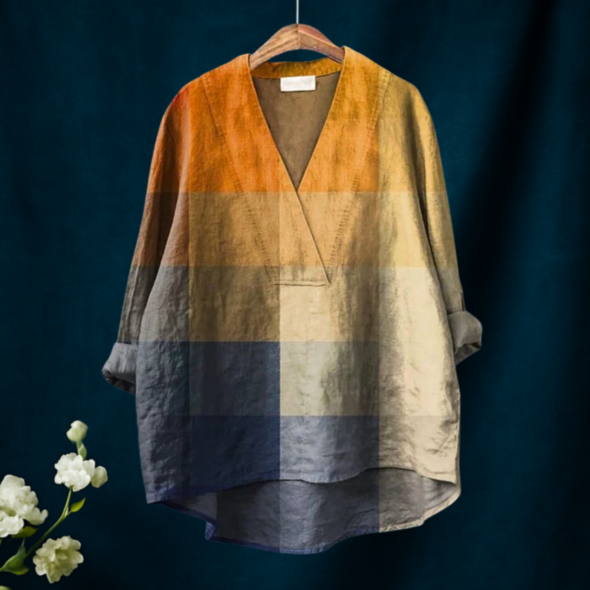 Women's Blue Orange Gradient Plaid Mosaic Art Print Casual  V-neck Shirt