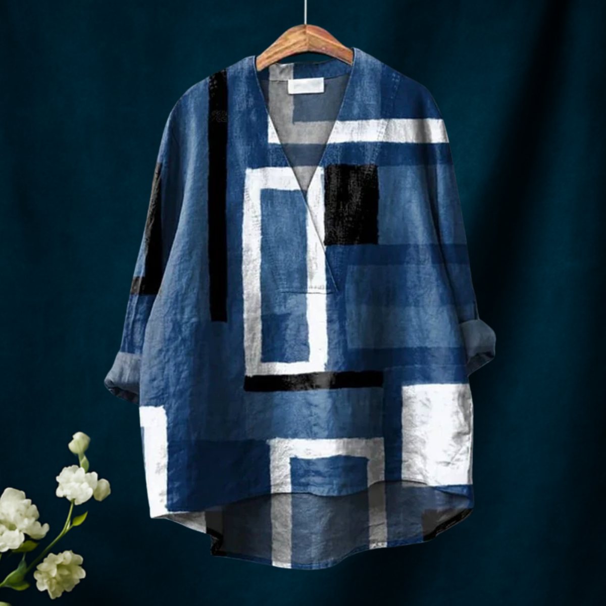 Women's Cowboy Blue Square Geometry Print Casual  V-neck Shirt