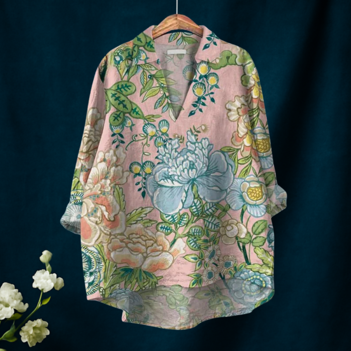Women's Vintage Floral Art Print Casual  V-neck Shirt