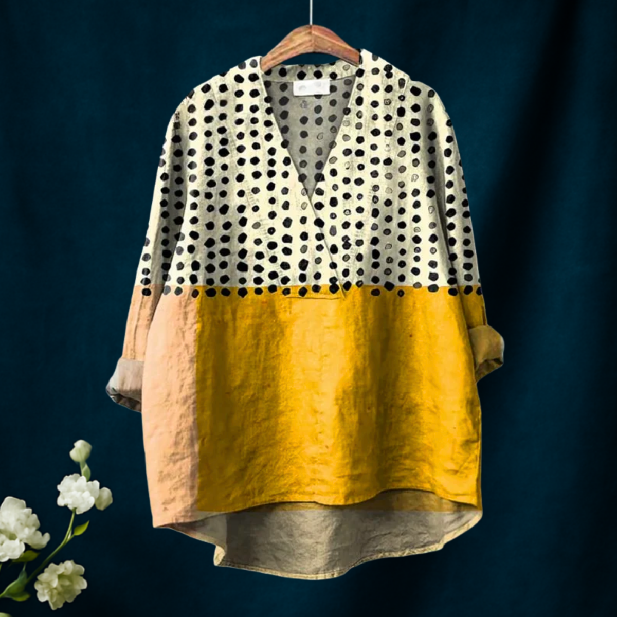 Women's Yellow Color-blocked Dots Print Casual  V-neck Shirt