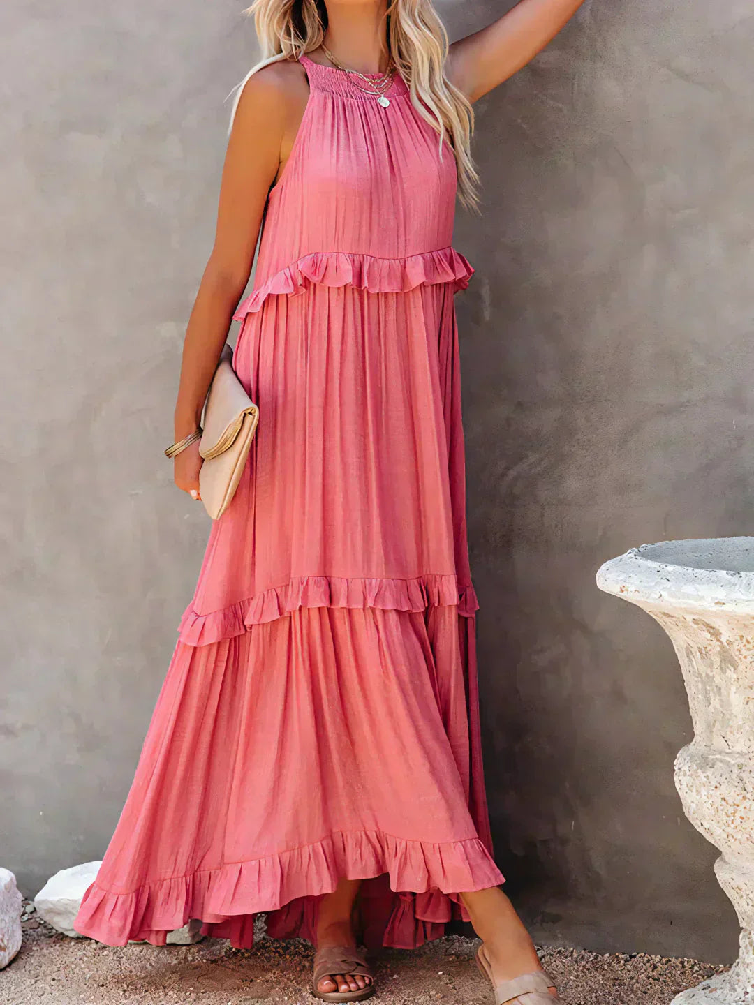 Avery - Elegant Halter Neck Ruffle Trim Dress
