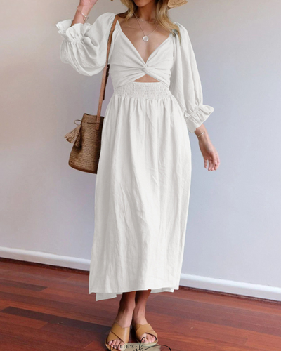 Ivana - Elegant Reversible Puff Sleeve Maxi Dress