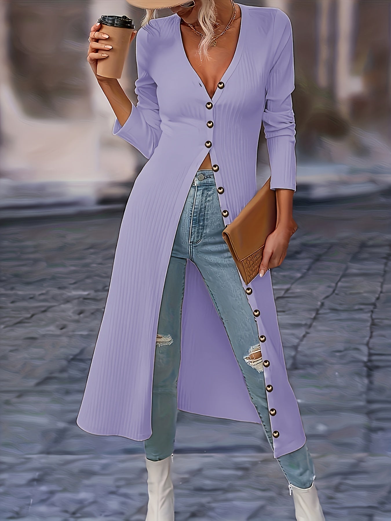 Women's Long Cardigan - Button Front V-Neck - Fitted Knit - Knee Length Layering Piece