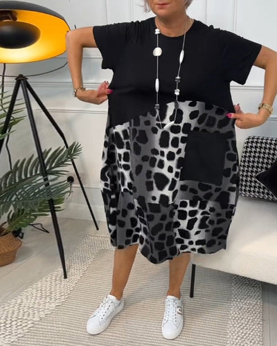 Daphne - Stylish Short Sleeve Leopard Print Midi Dress