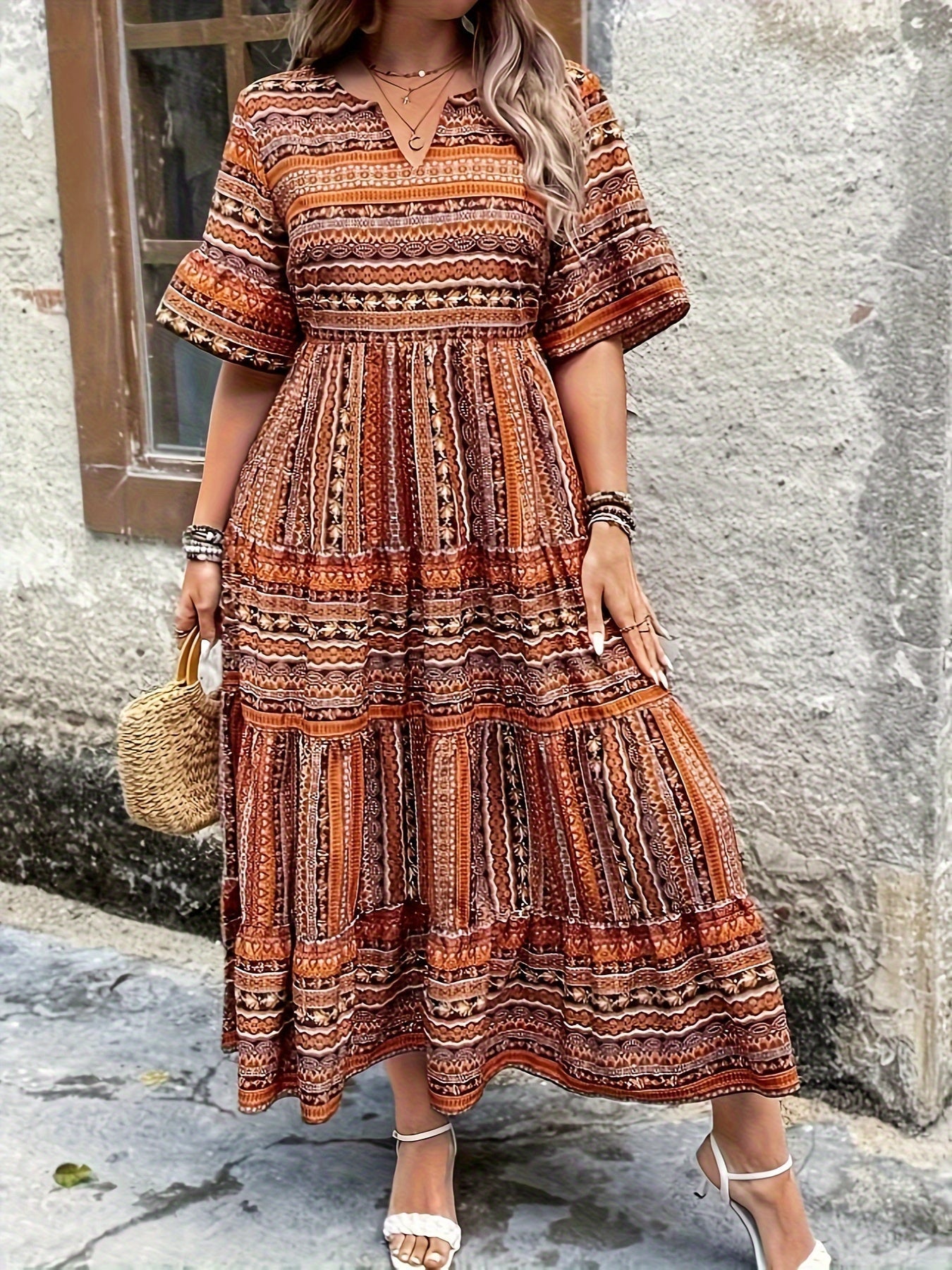 Kate - Elegant Ethnic Print Bohemian Dress