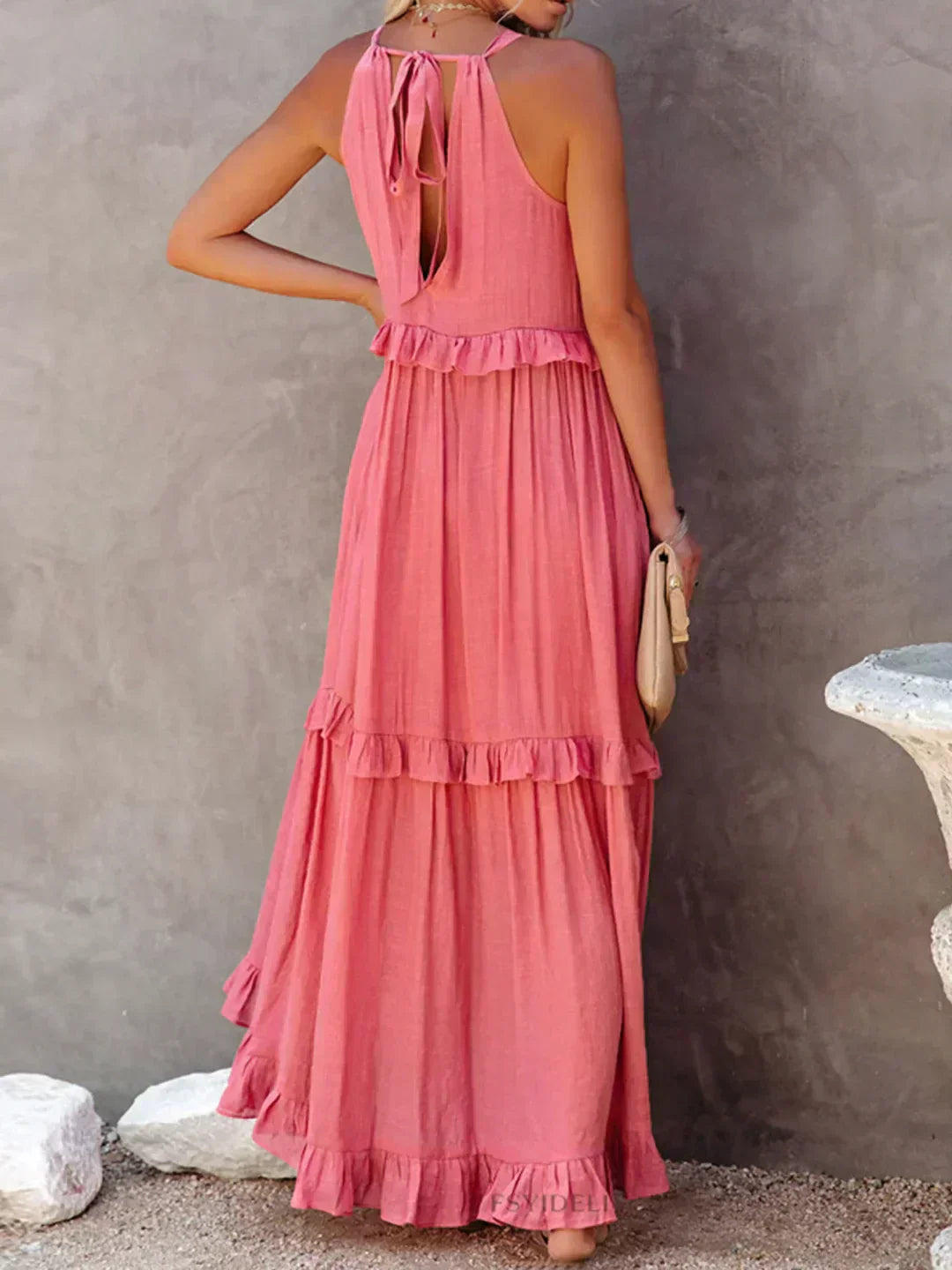 Avery - Elegant Halter Neck Ruffle Trim Dress