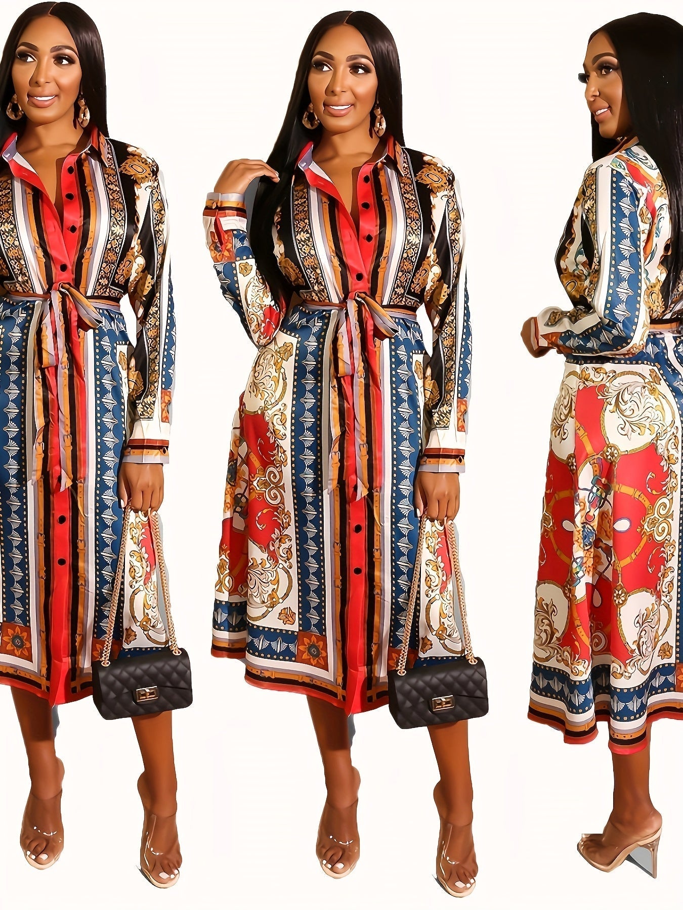 Michelle - Mid-Calf Long Sleeve Shirt Dress