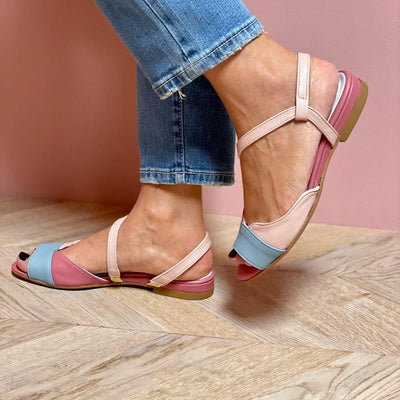 Ellela™ - Elegant asymmetrical pink sandals with color block details