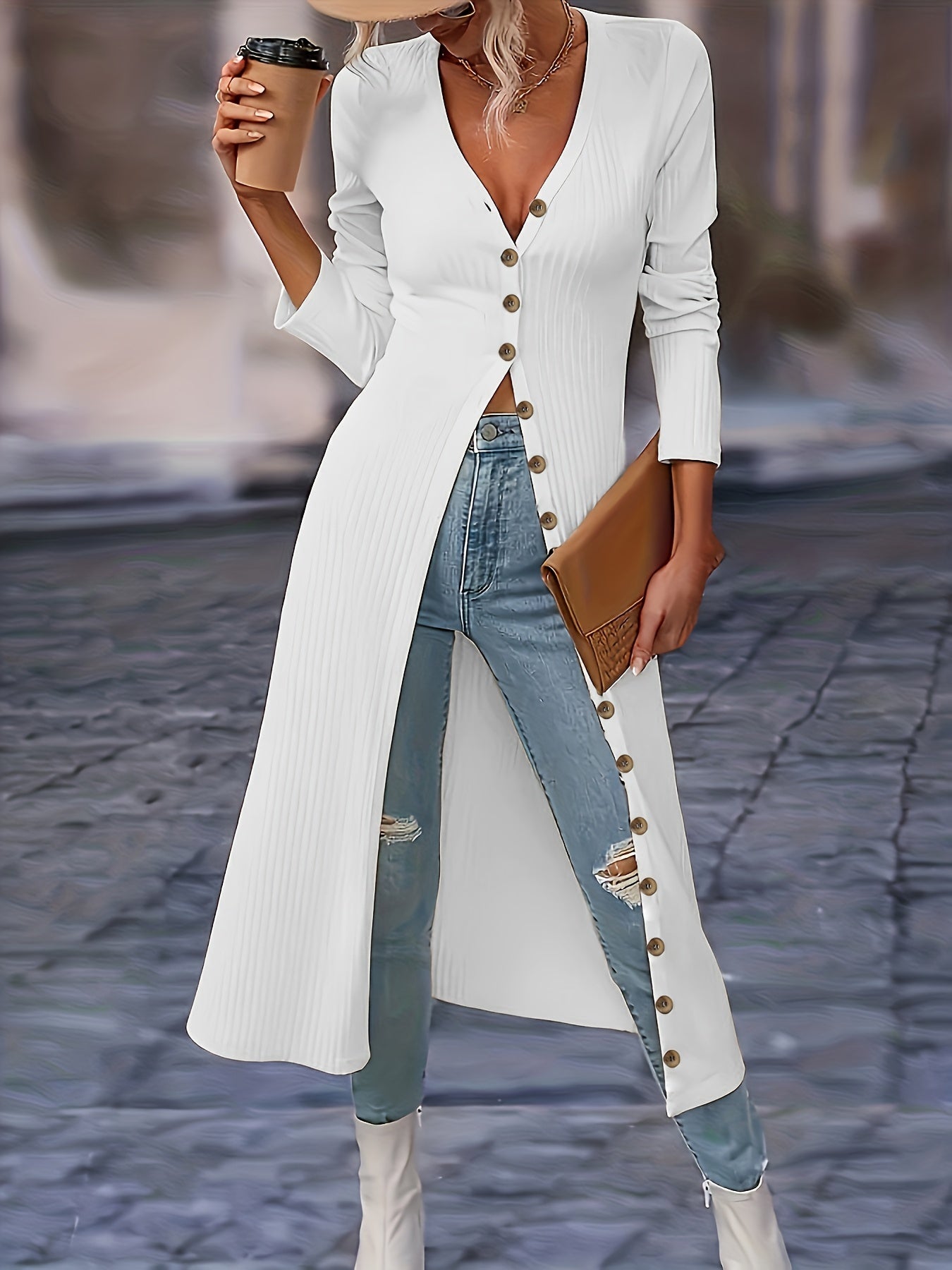 Women's Long Cardigan - Button Front V-Neck - Fitted Knit - Knee Length Layering Piece