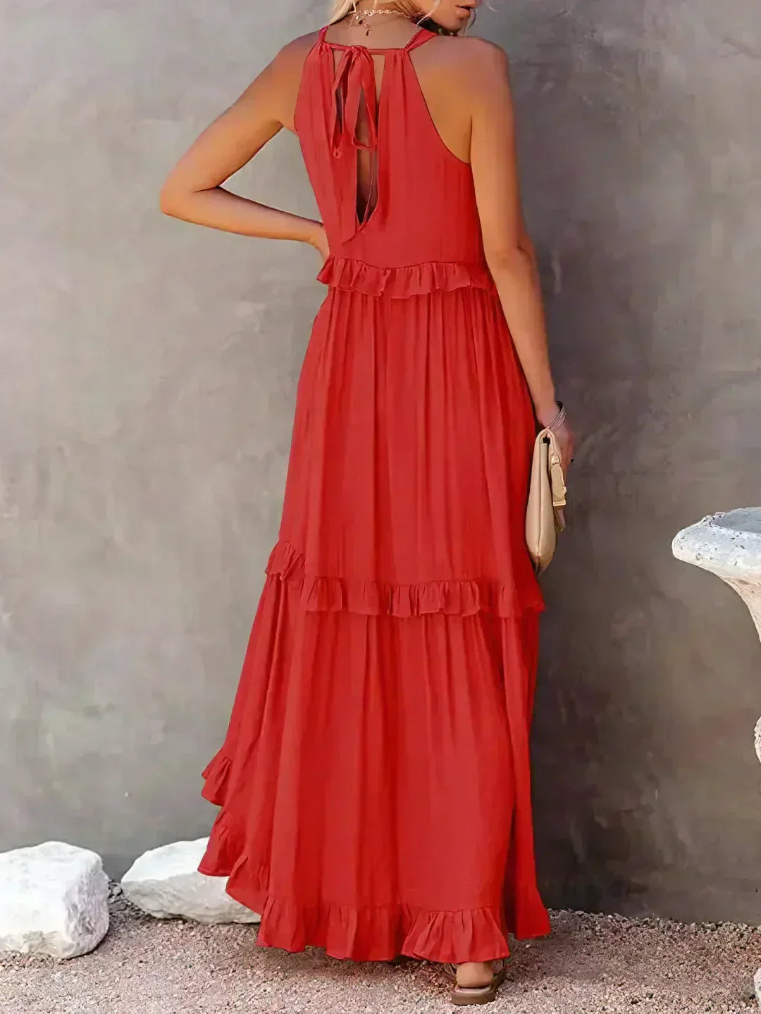 Avery - Elegant Halter Neck Ruffle Trim Dress