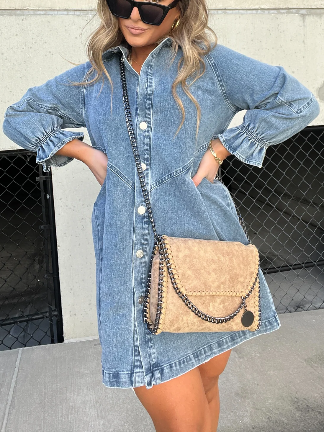 Colette - Chic Turn-Down Collar Denim Midi Dress