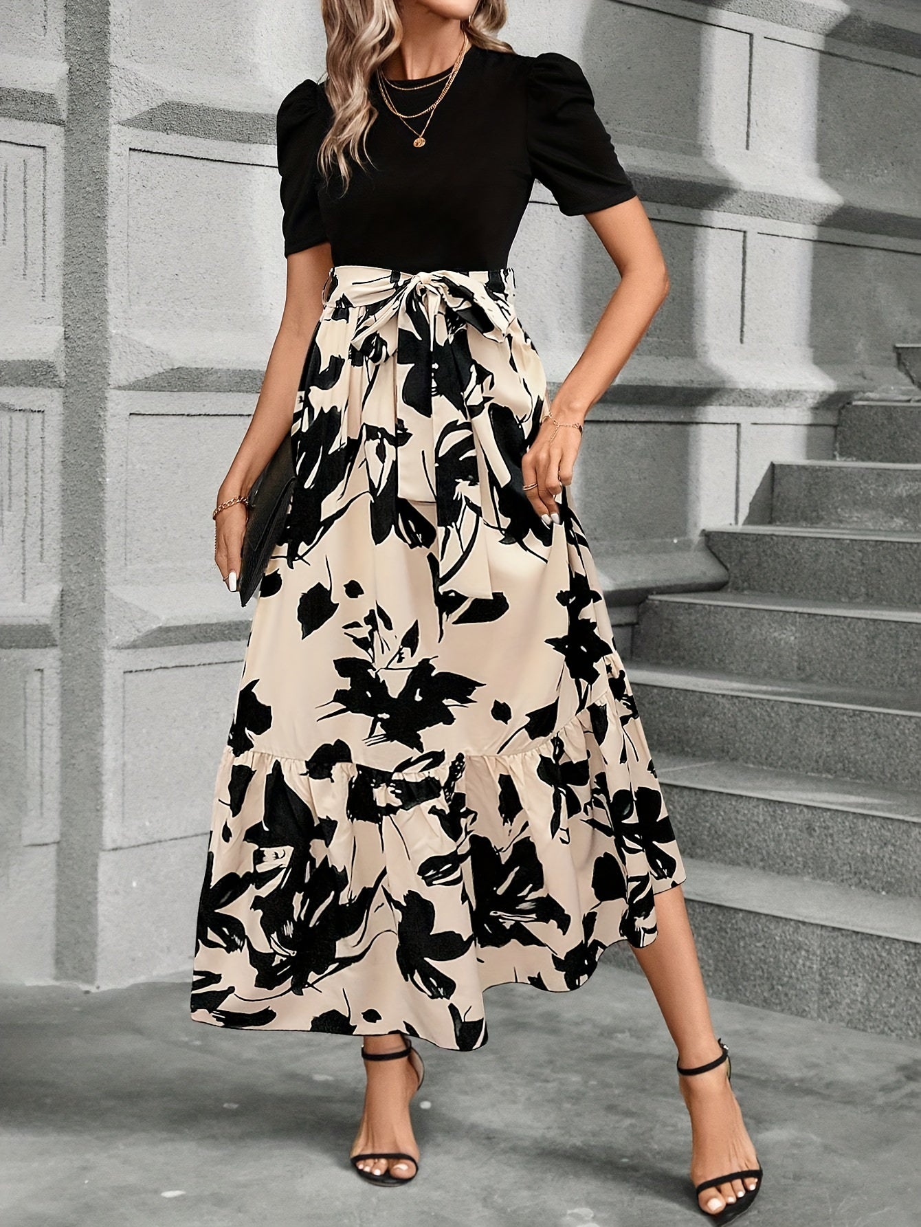 Kylie - Floral High-Waist Dress with Ruffle Hem
