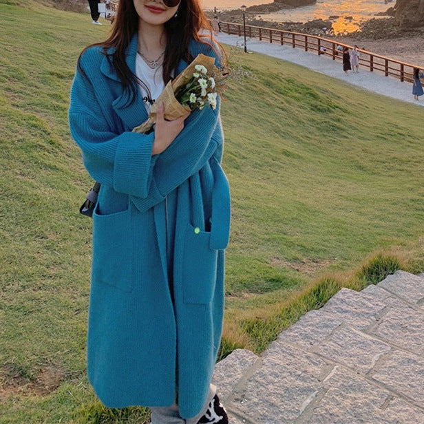 Women's Long Knitted Cardigan - Cozy Belted Robe with Lapel Collar - Casual Chic for Fall/Winter