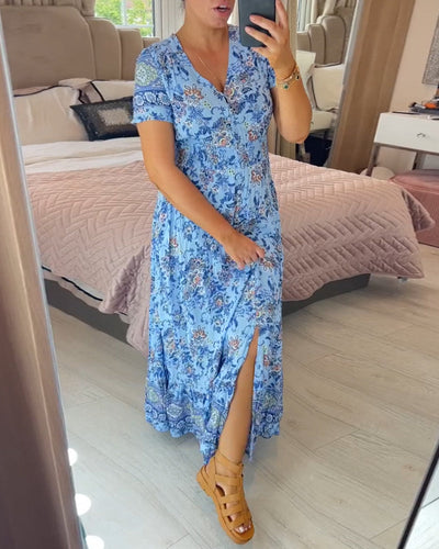 Aspen - Elegant Floral V-Neck Pleated Hem Dress
