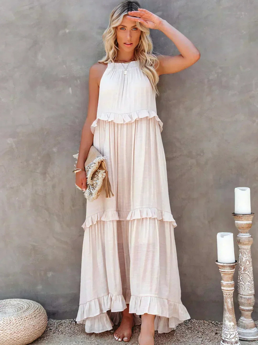 Avery - Elegant Halter Neck Ruffle Trim Dress