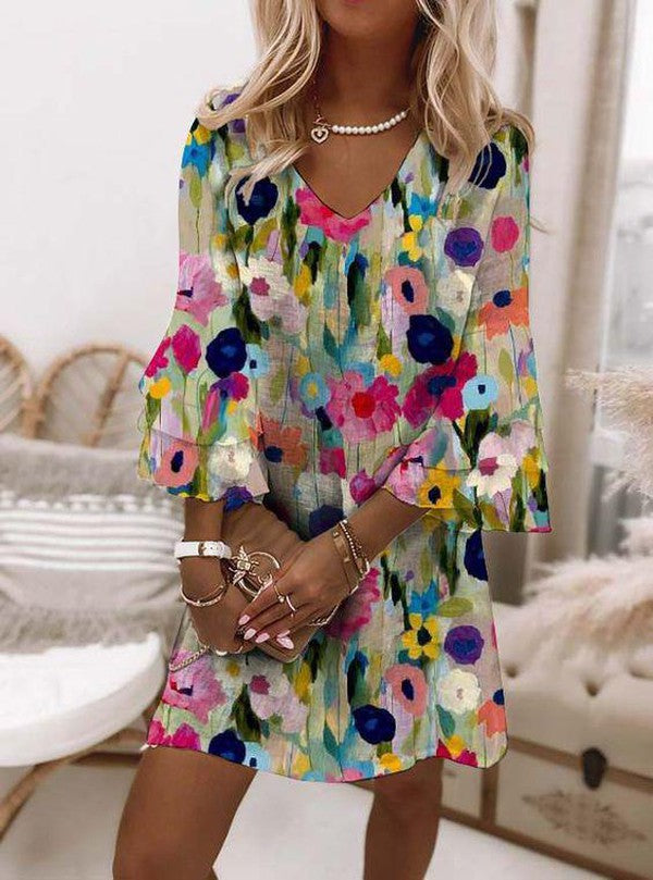 Celeste - Romantic Floral Print V-Neck Mini Dress