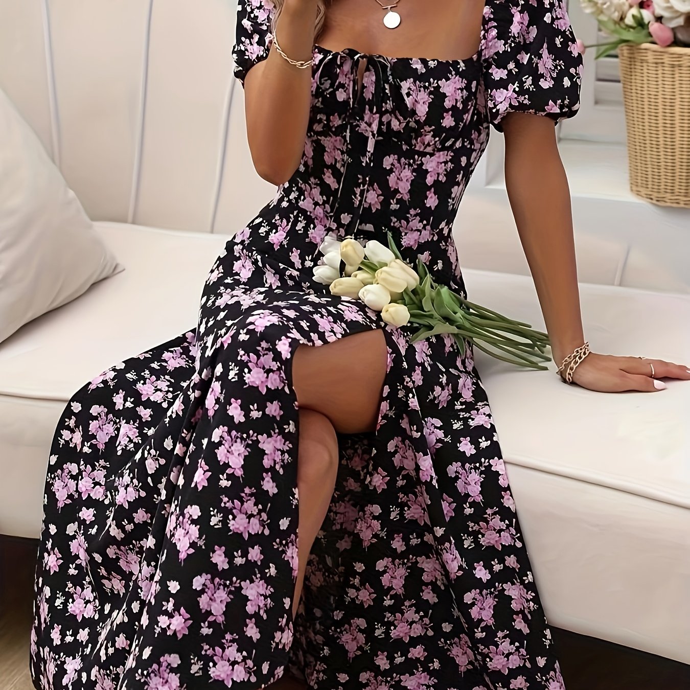 Helena - Artistic Floral Print Puff Sleeve Dress