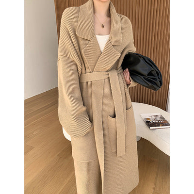 Women's Long Knitted Cardigan - Cozy Belted Robe with Lapel Collar - Casual Chic for Fall/Winter