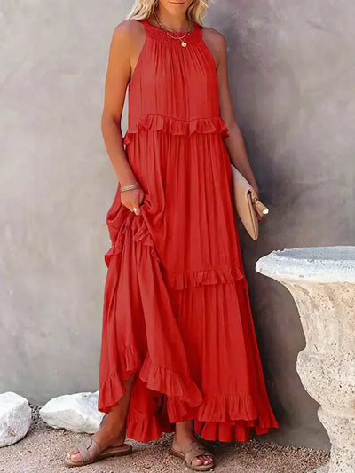 Avery - Elegant Halter Neck Ruffle Trim Dress