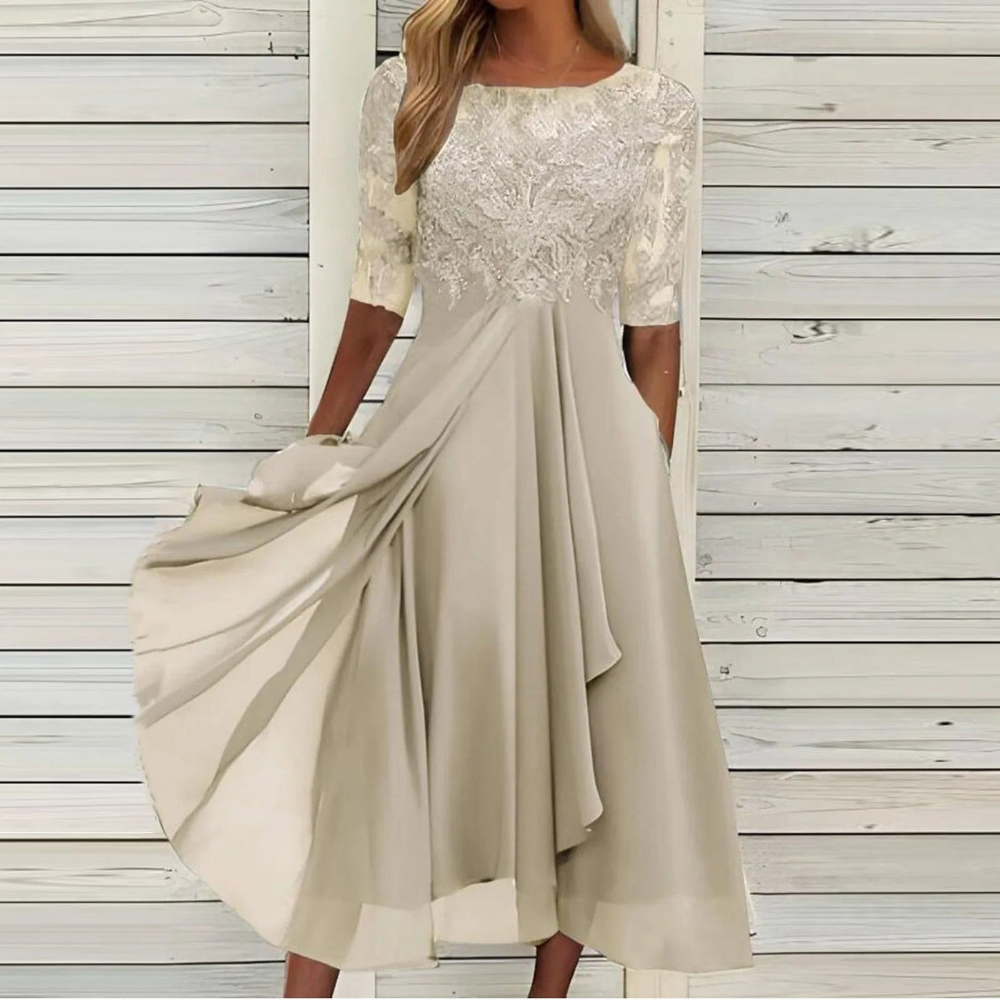 Meredith - Tea-Length Lace Embroidered Dress