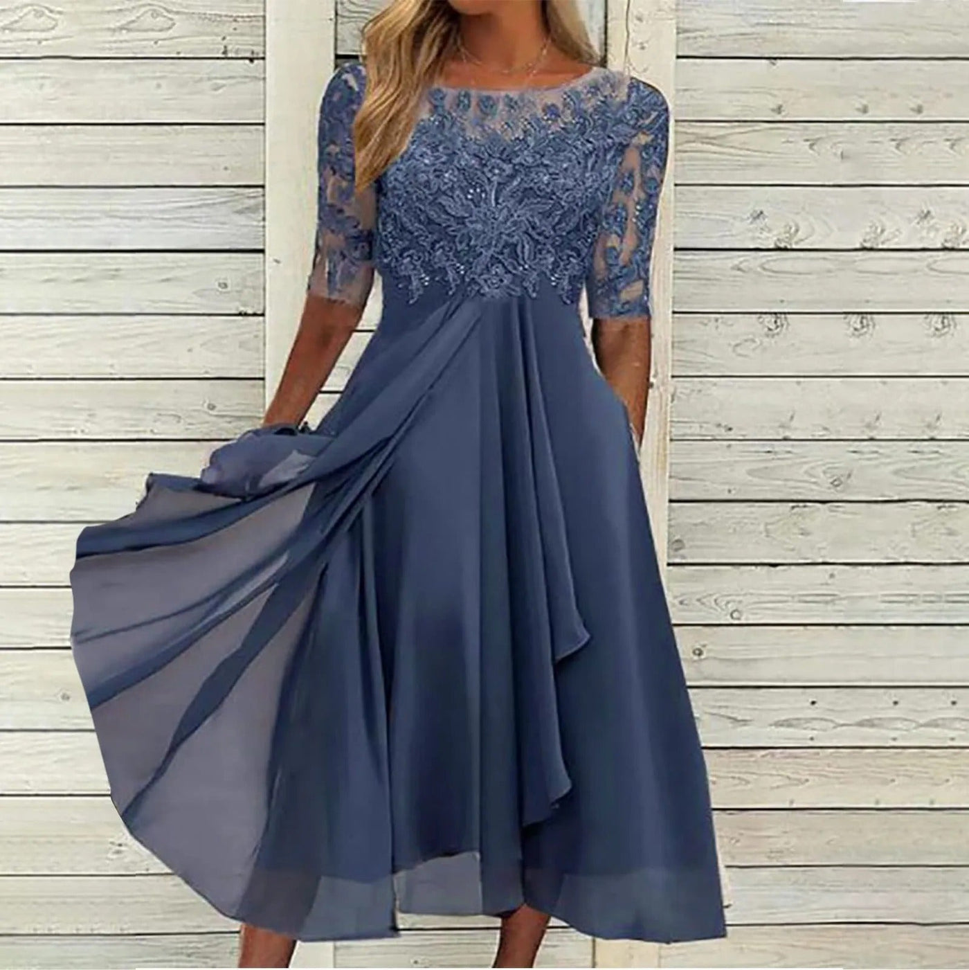 Meredith - Tea-Length Lace Embroidered Dress