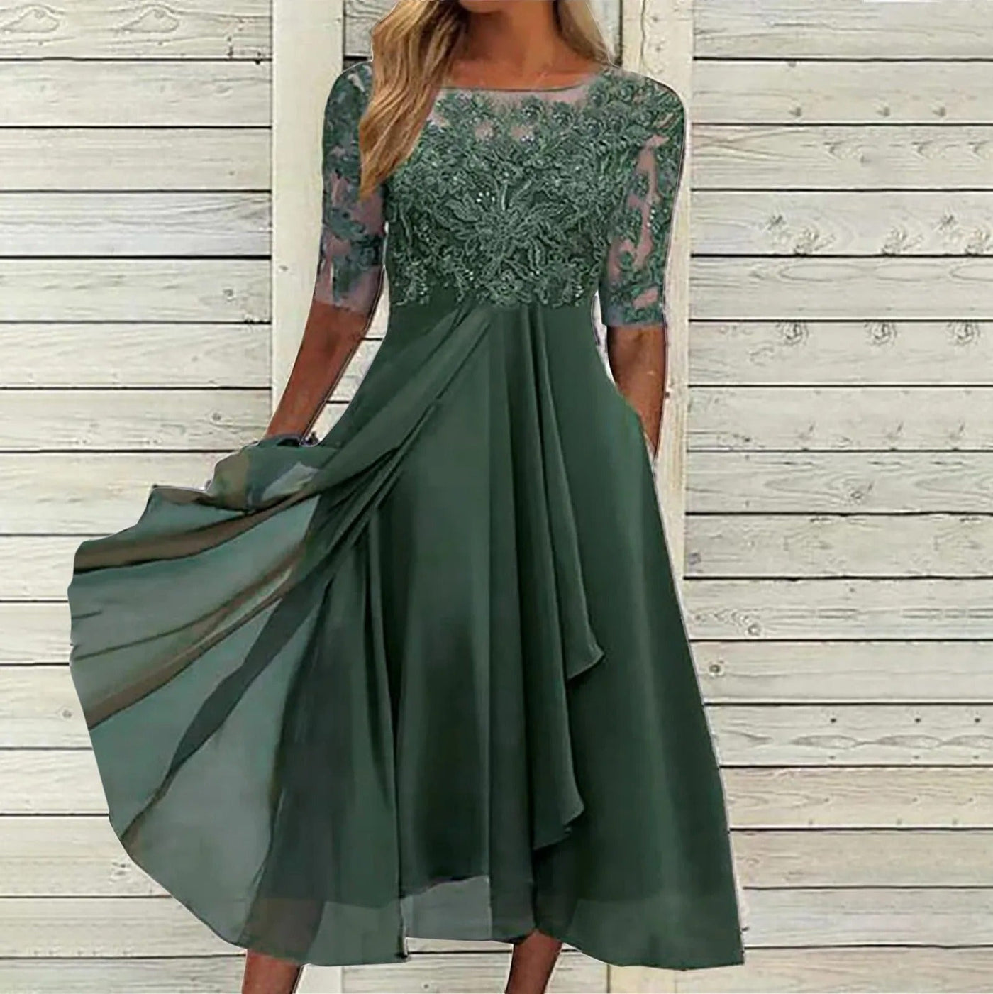 Meredith - Tea-Length Lace Embroidered Dress
