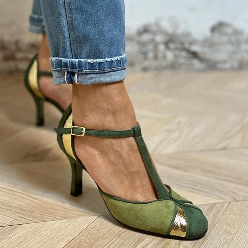 Alona™ - Elegant patchwork pumps with T-strap and closed toe for a refined style