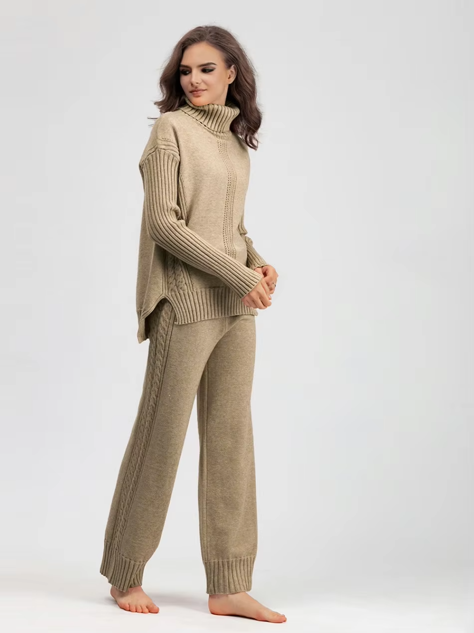 Victoria - Stylish High-neck Pullover Knit Sweater with Loose Pants Set