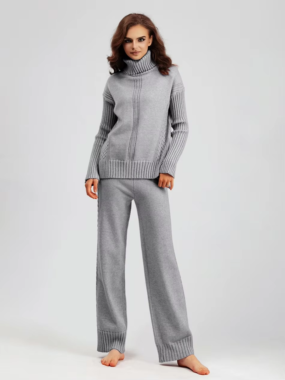 Victoria - Stylish High-neck Pullover Knit Sweater with Loose Pants Set
