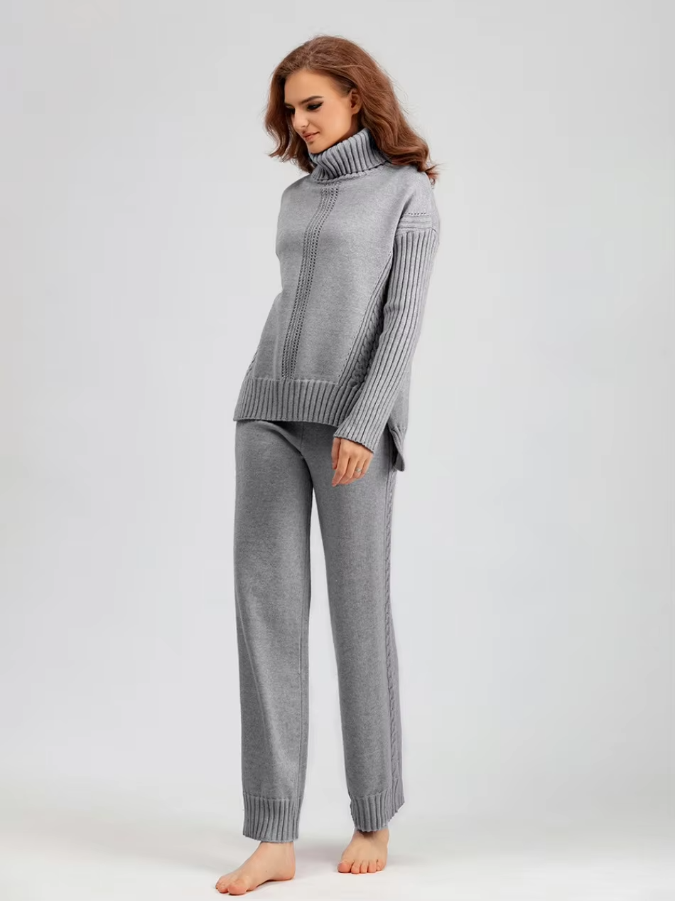 Victoria - Stylish High-neck Pullover Knit Sweater with Loose Pants Set