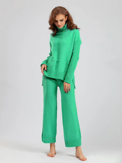 Victoria - Stylish High-neck Pullover Knit Sweater with Loose Pants Set