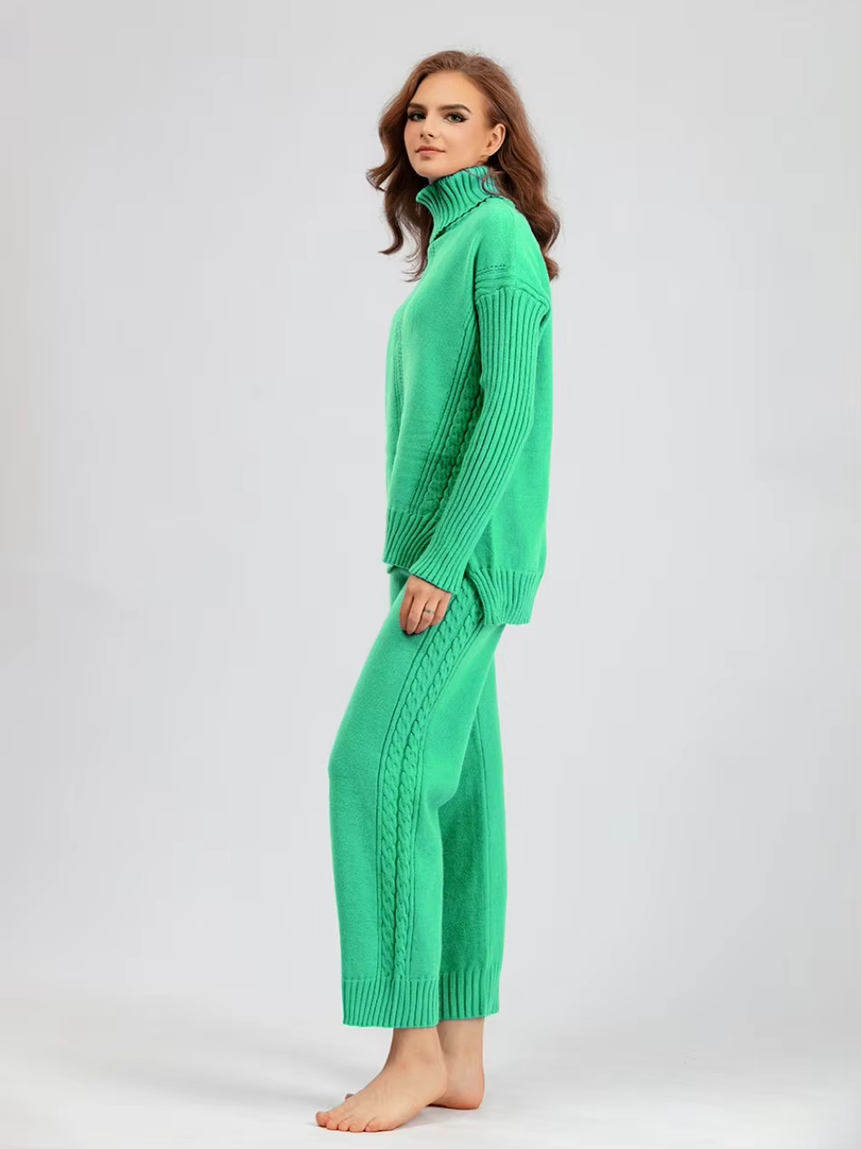 Victoria - Stylish High-neck Pullover Knit Sweater with Loose Pants Set