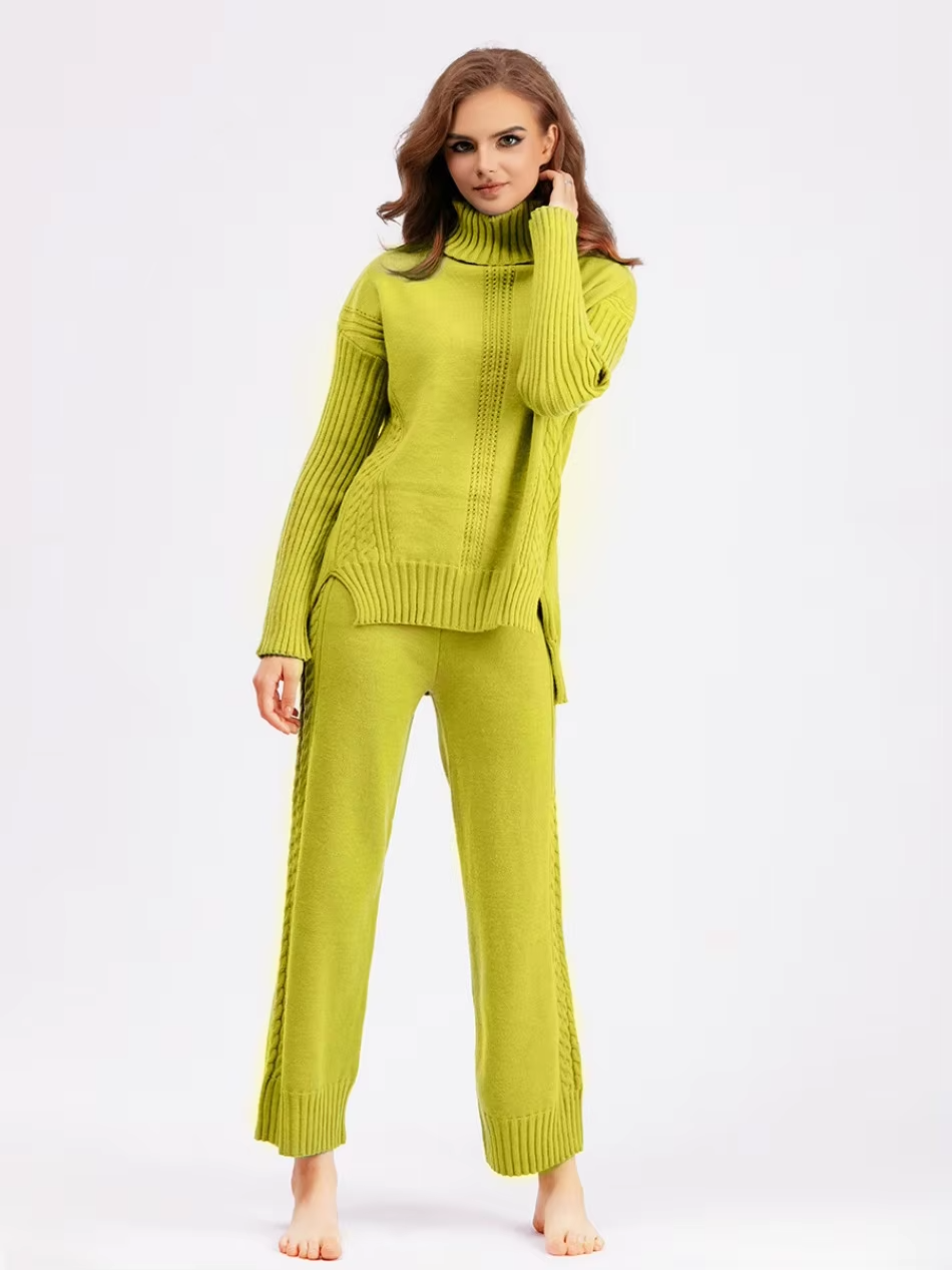 Victoria - Stylish High-neck Pullover Knit Sweater with Loose Pants Set