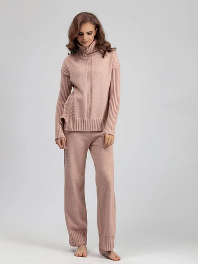 Victoria - Stylish High-neck Pullover Knit Sweater with Loose Pants Set