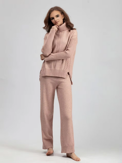Victoria - Stylish High-neck Pullover Knit Sweater with Loose Pants Set