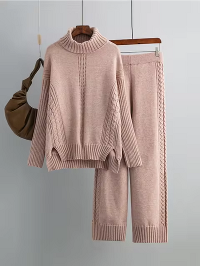 Victoria - Stylish High-neck Pullover Knit Sweater with Loose Pants Set