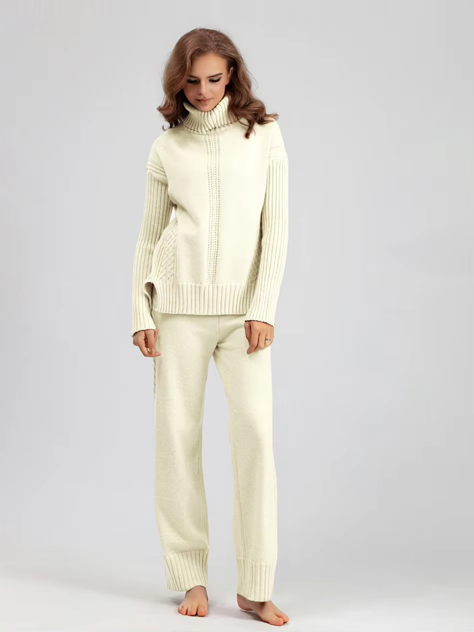 Victoria - Stylish High-neck Pullover Knit Sweater with Loose Pants Set