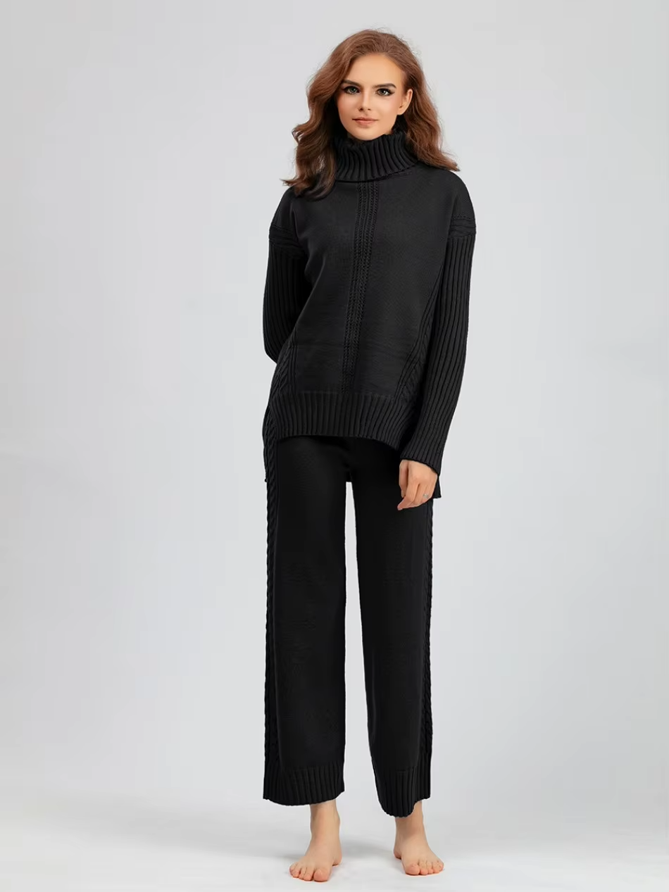 Victoria - Stylish High-neck Pullover Knit Sweater with Loose Pants Set