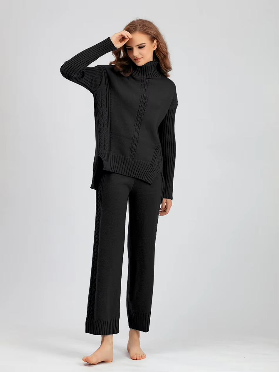 Victoria - Stylish High-neck Pullover Knit Sweater with Loose Pants Set