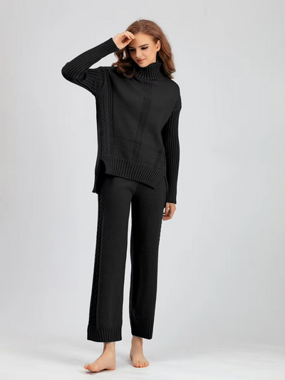Victoria - Stylish High-neck Pullover Knit Sweater with Loose Pants Set