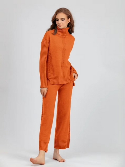 Victoria - Stylish High-neck Pullover Knit Sweater with Loose Pants Set