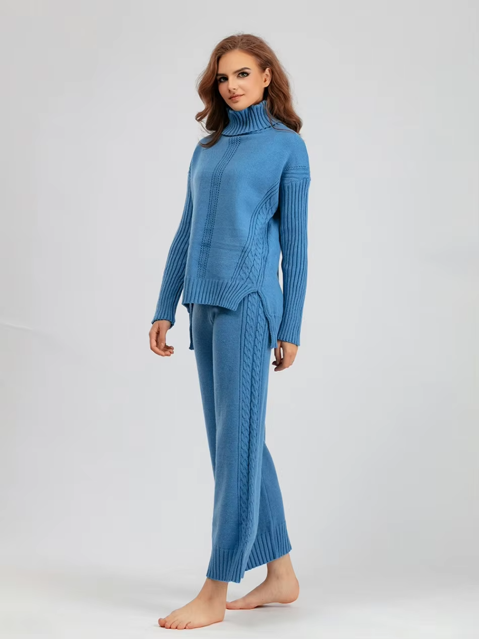 Victoria - Stylish High-neck Pullover Knit Sweater with Loose Pants Set