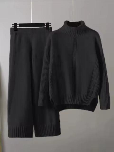 Victoria - Stylish High-neck Pullover Knit Sweater with Loose Pants Set